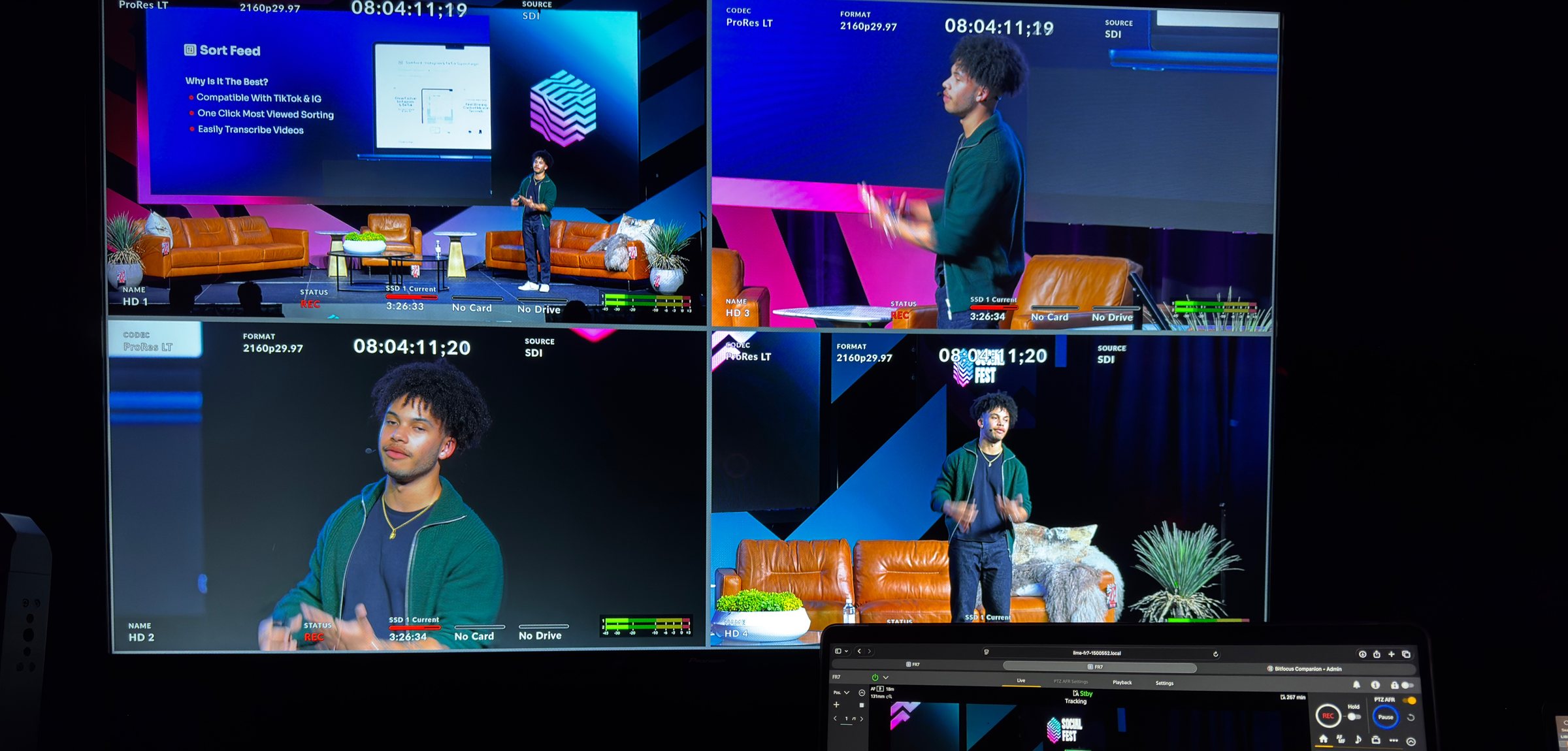 A multiviewer showing four camera feeds recording at once, each labelled ProRes at 2160p with matching timecode
