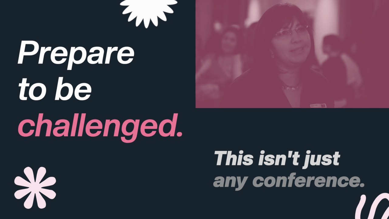 A motion graphics frame pairing bold italic type with a duotone attendee photo and floral shape motifs