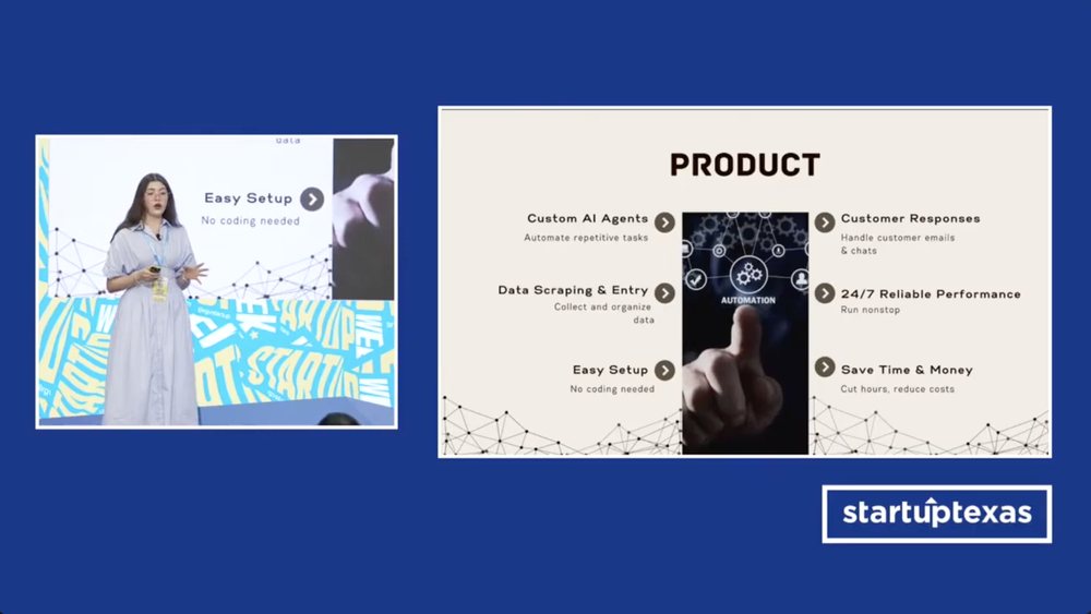 Presenter shown picture-in-picture beside their product slide